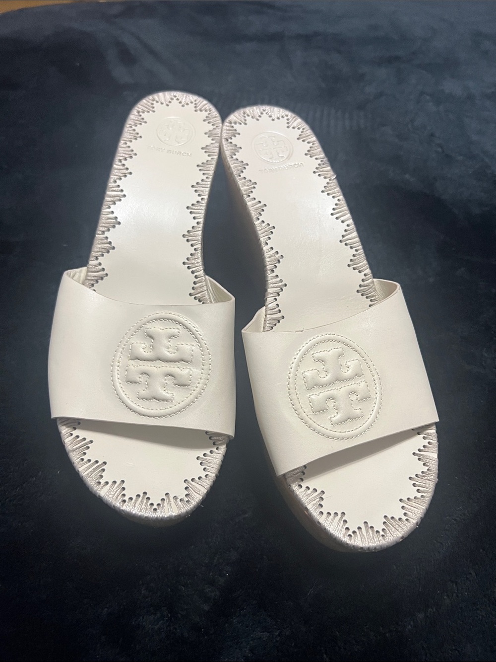 Tory Burch Cream Leather Logo Slide Wedges